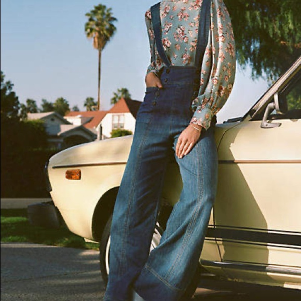 Anthropologie Dark Blue High-Waist Wide-Leg Suspender Jeans